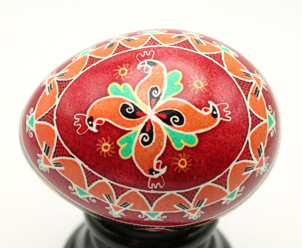 Handmade Rooster Hen Pysanka, Ukrainian Easter Egg Art